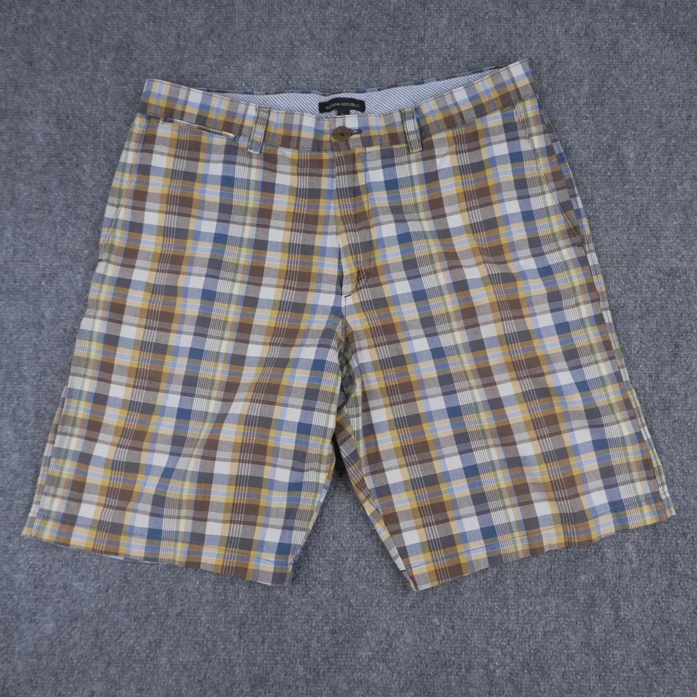 X3 Banana Republic Mens Chino Shorts Size 35 Yellow Seersucker Plaid Gingham